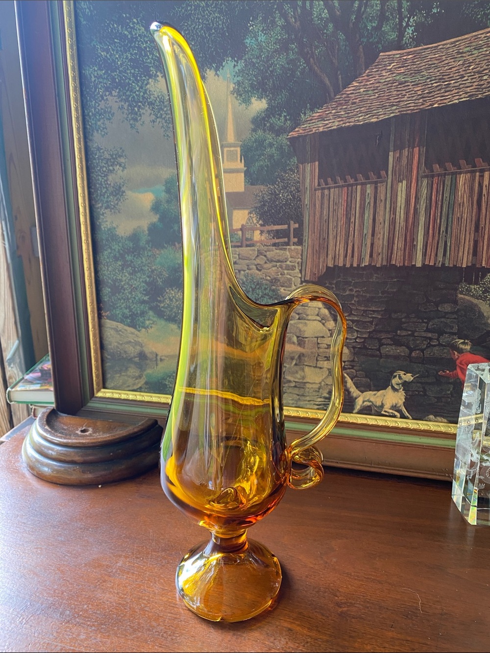 L.E. Smith Amber Swung Glass Pitcher 16.25” Mid Century Modern."